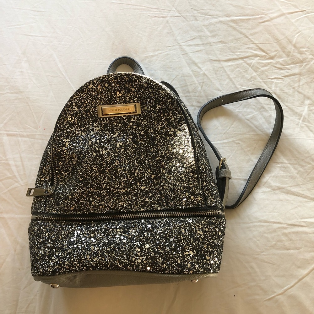 Silver Glitter River Island Mini Backpack